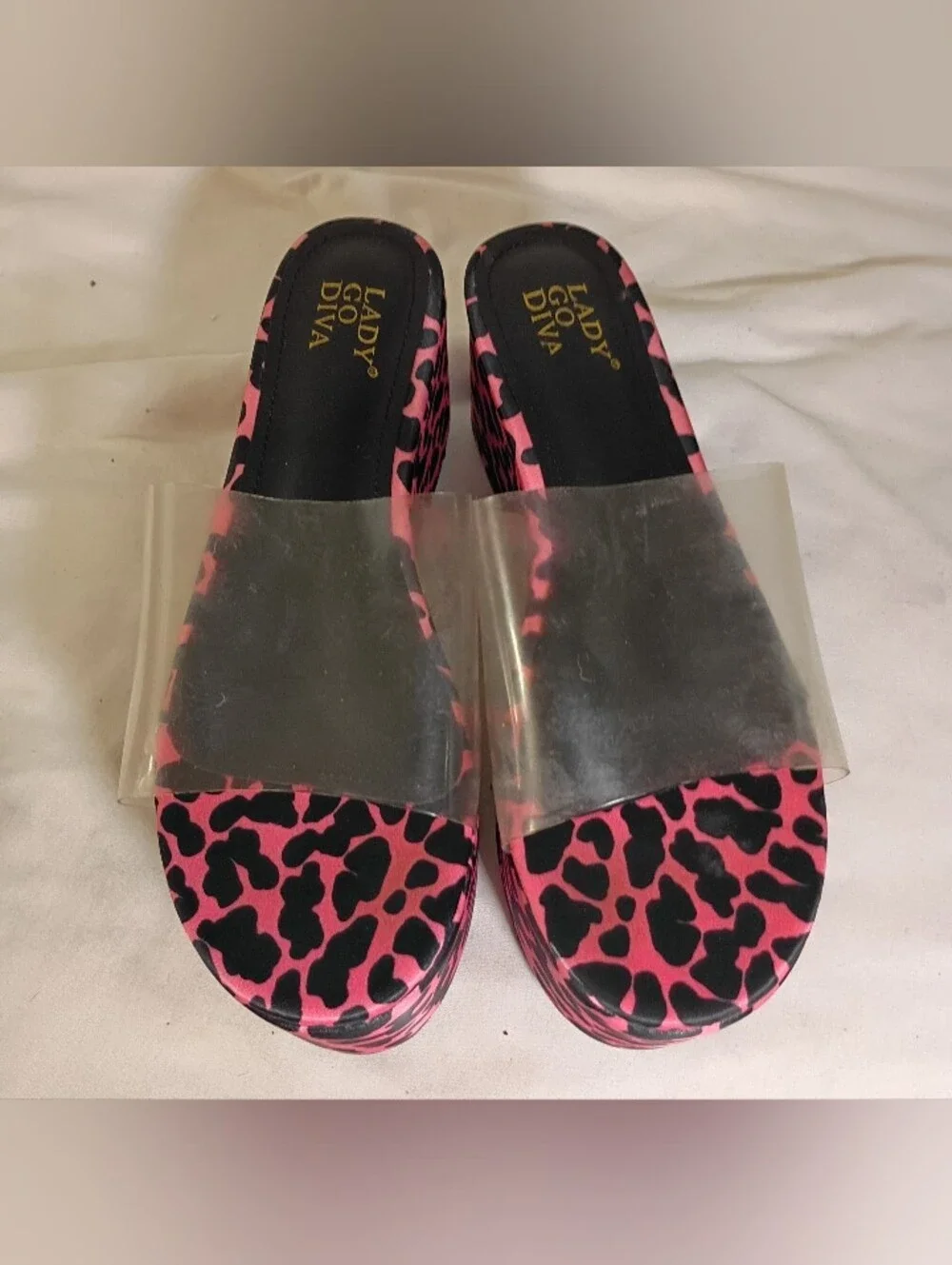 Lady Go Diva Vintage Pink Cheetah Print Flatform Wedge Sandals Clear Upper 6.5